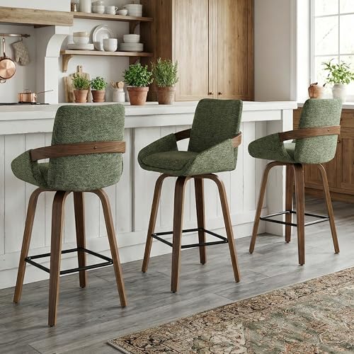 Counter Height Swivel Bar Stools Set of 3 26 Linen Fabric Counter Stools with Walnut Bentwood Back Cozy Mid-Century Modern Swivel Bar Stools for Kitchen Island & Home Bar Seating Moss Green