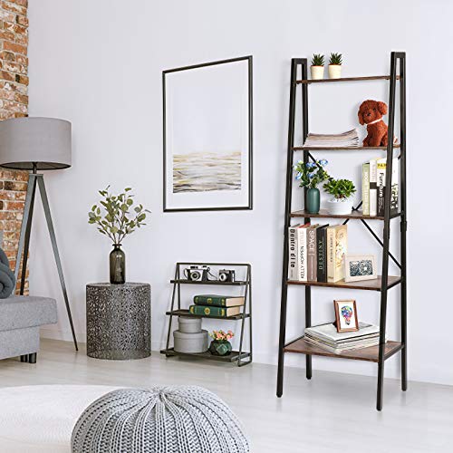 TOOCA 5-Tier Ladder Shelf Wood Multipurpose Utility Open Back Industrial Leaning Ladder Bookshelf Design Premium Quality Easy Assembly Shelf Storage for Living Room Bedroom Kitchen Home Office Balcony