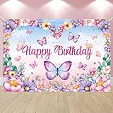 LDWLYW Butterfly Happy Birthday Backdrop Banner Pink Purple Butterfly Birthday Party Decorations for Girls Women Spring Flowers Theme Background Decor with Butterflies 5x3ft