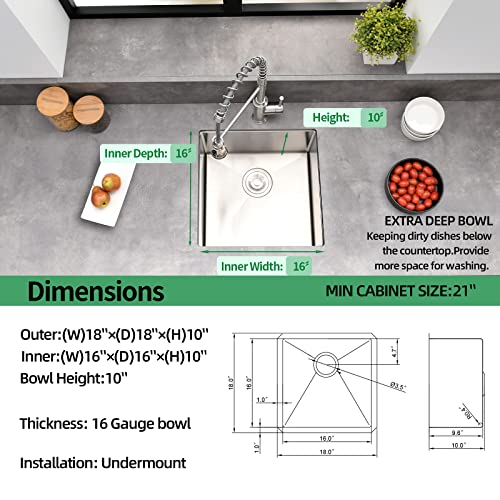 Ecochannels Undermount Kitchen Sink, 18 X 18 X 10 Inch Single Bowl Bar Sink 16 Gauge T-304 Stainless Steel Kitchen Sinks With Accessories #TOP5
