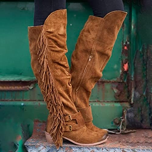Women's Retro Fringe Over The Knee Boots,High Stretchy Low Block Heel Booties Casual Tassel Long Boots Footwear Cowgirl Boots Hiking Boot (Brown 41 Eu) #TOP3