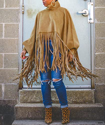 ECDAHICC Women's Tassel Ponchos Cape Cloak Coat Woolen Turtleneck Shawl Pollover Plus Size Fringe Sweatshirt Top3