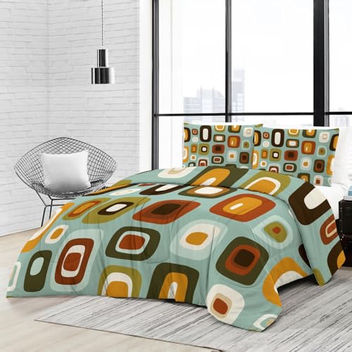 Edredón de 155 x 220 cm, 4 estaciones, diseño retro de bloques de colores, geométrico, multicolor, 155 x 220 cm, cálido para todo el año, edredón sin funda lavable con 2 fundas de almohada de 80 x 80