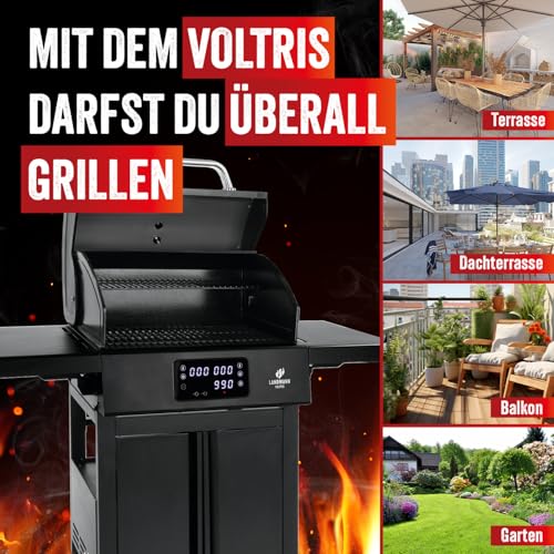 LANDMANN Elektro-Grillwagen EG-II-591 | Leistungsstarker Standgrill mit 2 Fleischthermometern & Deckelthermometer | Ohne Gas & ohne Kohle grillen | Grillfläche ca. 59 x 40,5 cm | 3200W [Schwarz]