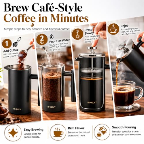 Image of AXEON French Press Coffee Maker - 350ml | 304 Stainless Steel Plunger | 4-Layer Filtration for Grit-Free Brew | Heat Retention, Rust-Free, Portable Coffee Maker for Home, Travel & Office (Black)