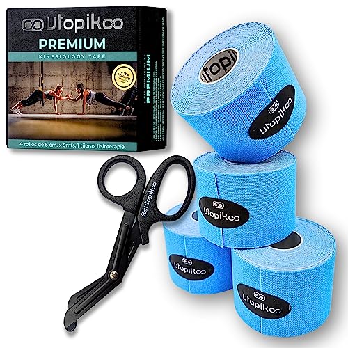 Utopikoo® Kinesiotape [4 Rollos 5 cm X 5 m + Tijeras Fisioterapia]-Cinta Kinesiologica Elastica de Colores-Kinesio+tape Vendaje Neuromuscular-Esparadrapo Deportivo-Cinta Fisioterapeuta(AZUL)