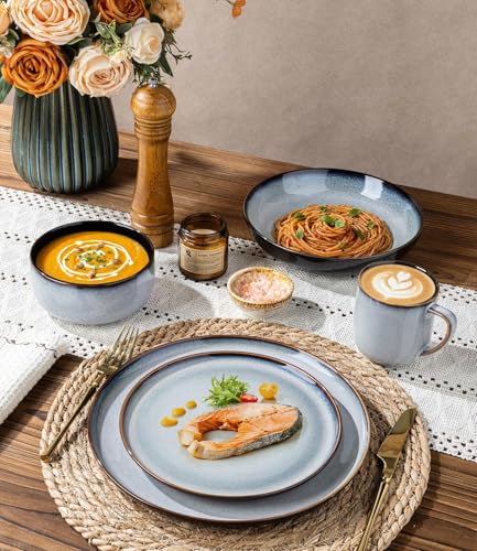 Image of LeRatio Ceramic Dinnerware Sets for 6,Porcelain Plates and Bowls Sets,Handmade Reactive Glaze Dishes Set,Chip Resistant and Scratch Resistant | Oven&Dishwasher & Microwave Safe-Gray White(18PCS)