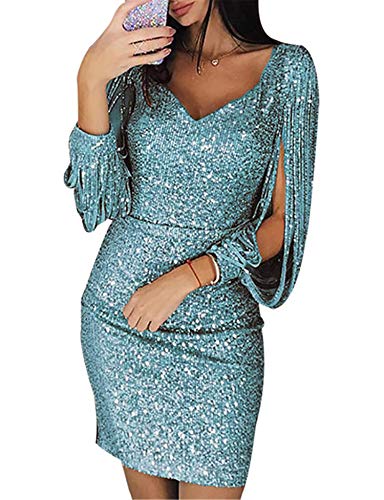 Andongnywell Women s Sparkle Glitzy Glam Sequin V Neck Long Sleeve Part Dress Sequins Glitters Sexy Mini Dresses (Green,Medium)