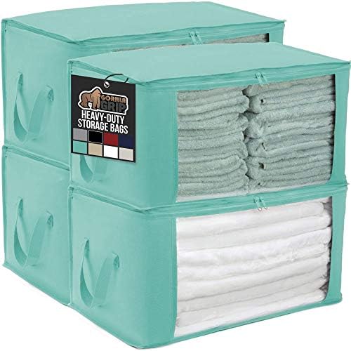 Gorilla Grip Large Capacity 4 Pack Clothes Storage Bag Organizer 90L, Reinforced Handles, Thick Fabric for Blankets Bedding Clothing, Foldable Zipper Container Bags, Clear Window Closet Tote Turquoise