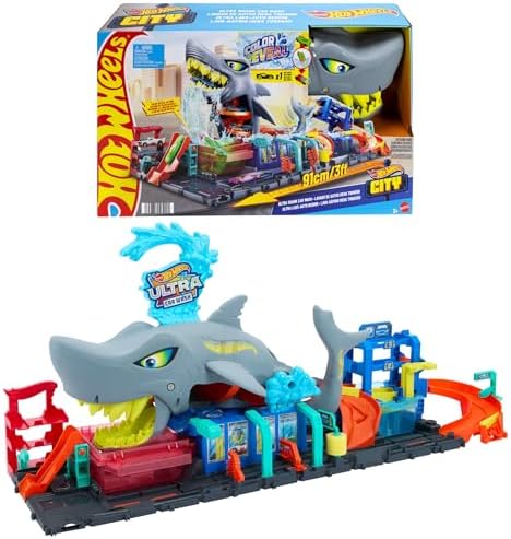 Hot Wheels City Pista de Brinquedo Lava-Rápido Mega Tubarão 3 ano...