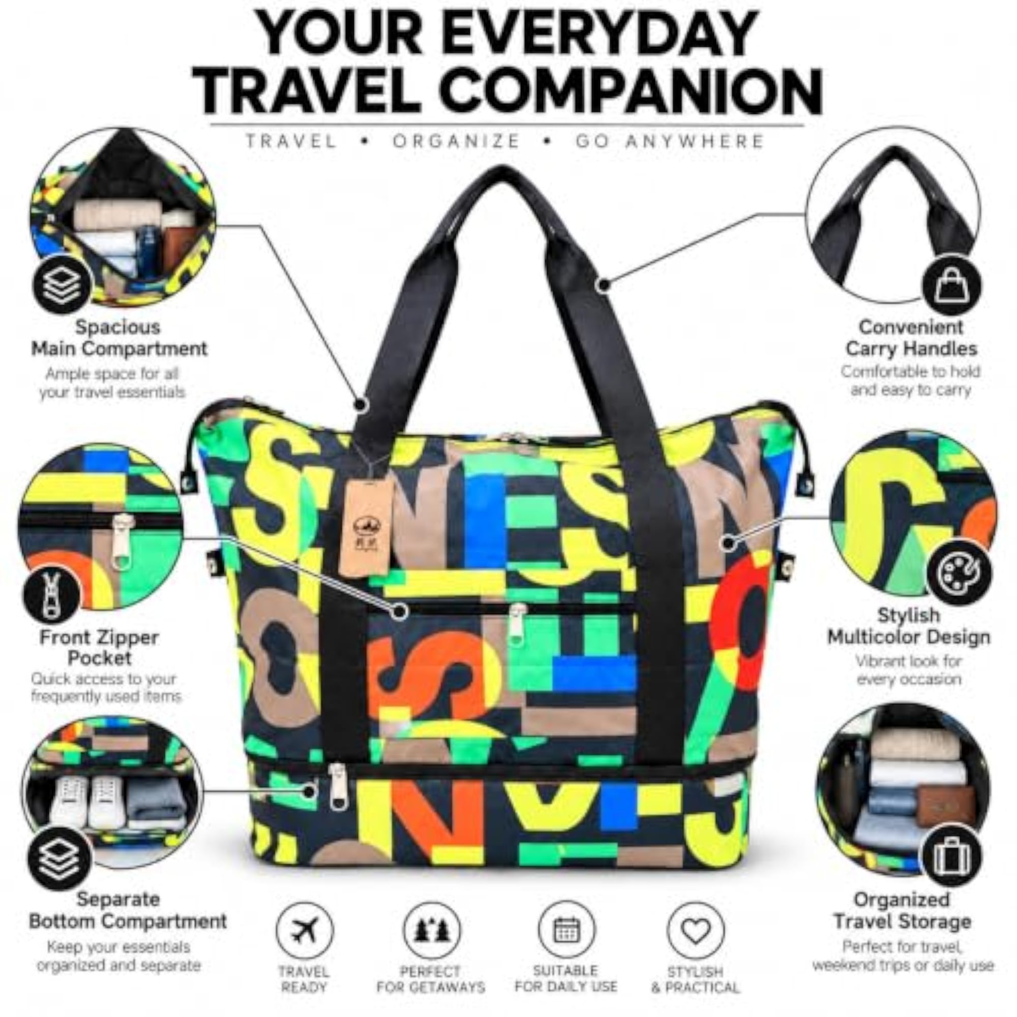 Unisex Travel Duffle Bag with Shoe Compartment, Weekender Bag