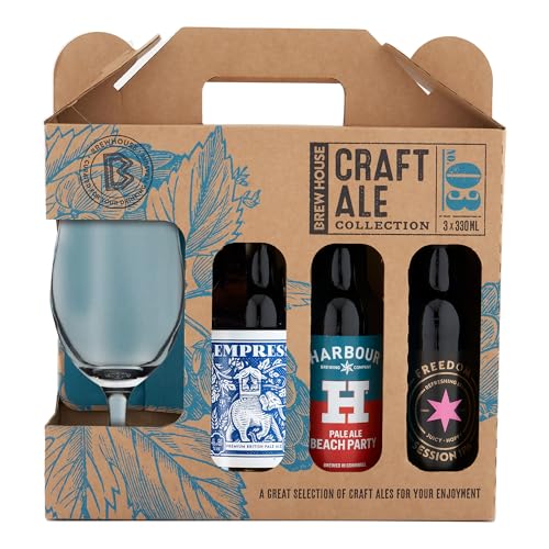 Brew House Craft Ale Collection. Including 3x 330ml bottles of Craft Ales with a Chalice Glass. Powder Monkey Harbour Brewing Freedom Brewing. Perfect for Christmas and Birthdays by Blue Tree Gifts