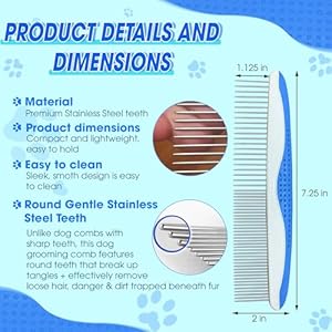 Dog Comb to Remove Tangles and Knots, Cat Comb with Stainless Steel Teeth and Non-Slip Handle, Dog combs for grooming matting for Long Haired Dog, Cat and Other pets. (Style 1)