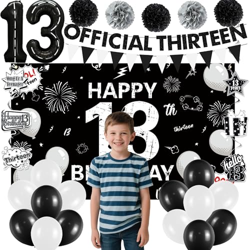 Image of Holkcog Happy 13th Birthday Decoration for Boys Girls, Black Official Teenager Party Supply, Black 13th Number Balloons & Cupcake Topper, Glitter Cool 13 Hanging Swirl, 13 Years Old Birthday Decor