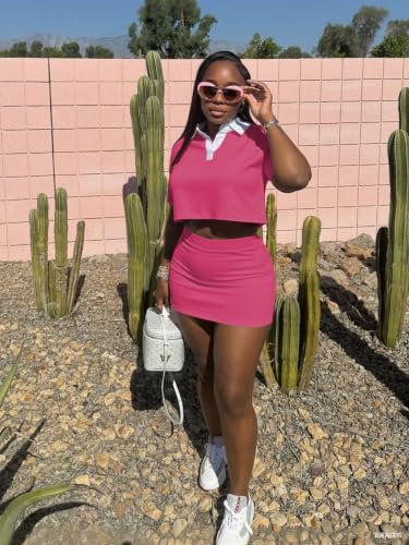 Image of HBQ Women's Casual 2 Piece Skirt Sets Polo Collar Crop Top Striped Mini Dress Summer Vacation-Stripe