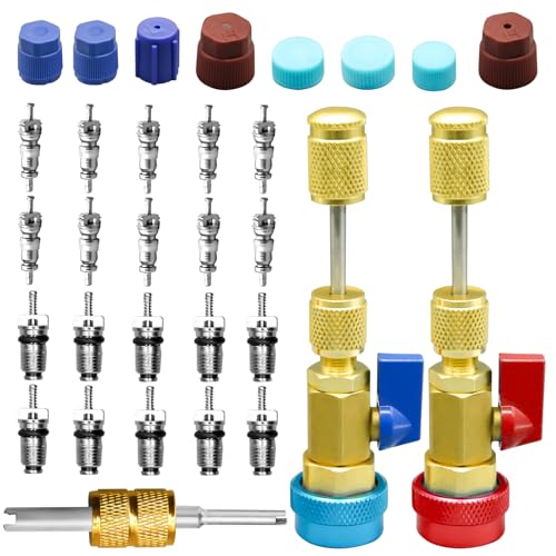 31Pcs R134A Valve Core Remover Installer Tool Kit, High Low Pressure Valve Core Quick Removal Tool Comes with AC Service Port Cap R134A Valve Core Valve Stem for Refrigerant Air Conditioner System