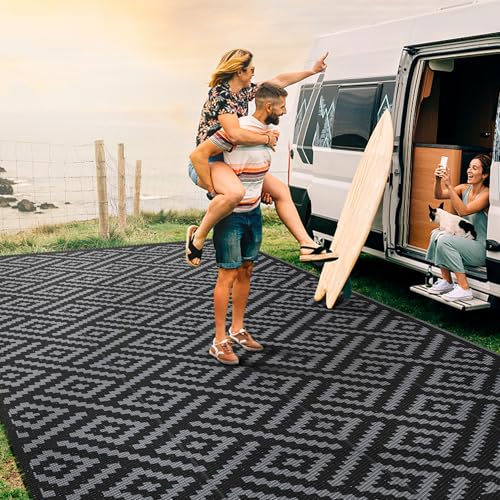 Image of GENIMO Outdoor Rug, Waterproof Plastic Rugs 9'x18' for Camping Black Grey | Outside Larger Modern Carpet Mat for Patio Decor, RV, Porch, Camper, Deck, Picnic, Beach, Backyard, Reversible, Foldable