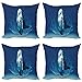 ABAKUHAUS Azul Oscuro Set de 4 Fundas para Cojín, Fairy Tail Sirena, Estampado Digital en Ambos Lados y Cremallera, 45 cm x 45 cm, Azul y Blanco