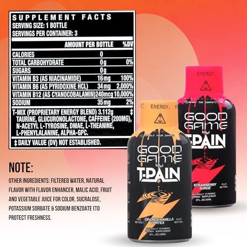 Image of Nappy Boy Dranks Good Game by T-Pain Energy Shot, 2oz (6 Pack), Sugar-Free, Zero Calorie Focus Drink with 200mg Caffeine and B-Vitamins (B3, B6, B12) - Clean, No-Crash Energy Boost, 3 Orange Vanilla Vortex + 3 Strawberry Surge
