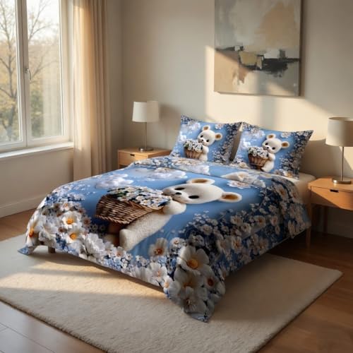 Image of 7D Printed King Size Bedsheet with 2 Pillowcases, White Bear, 228x228cm