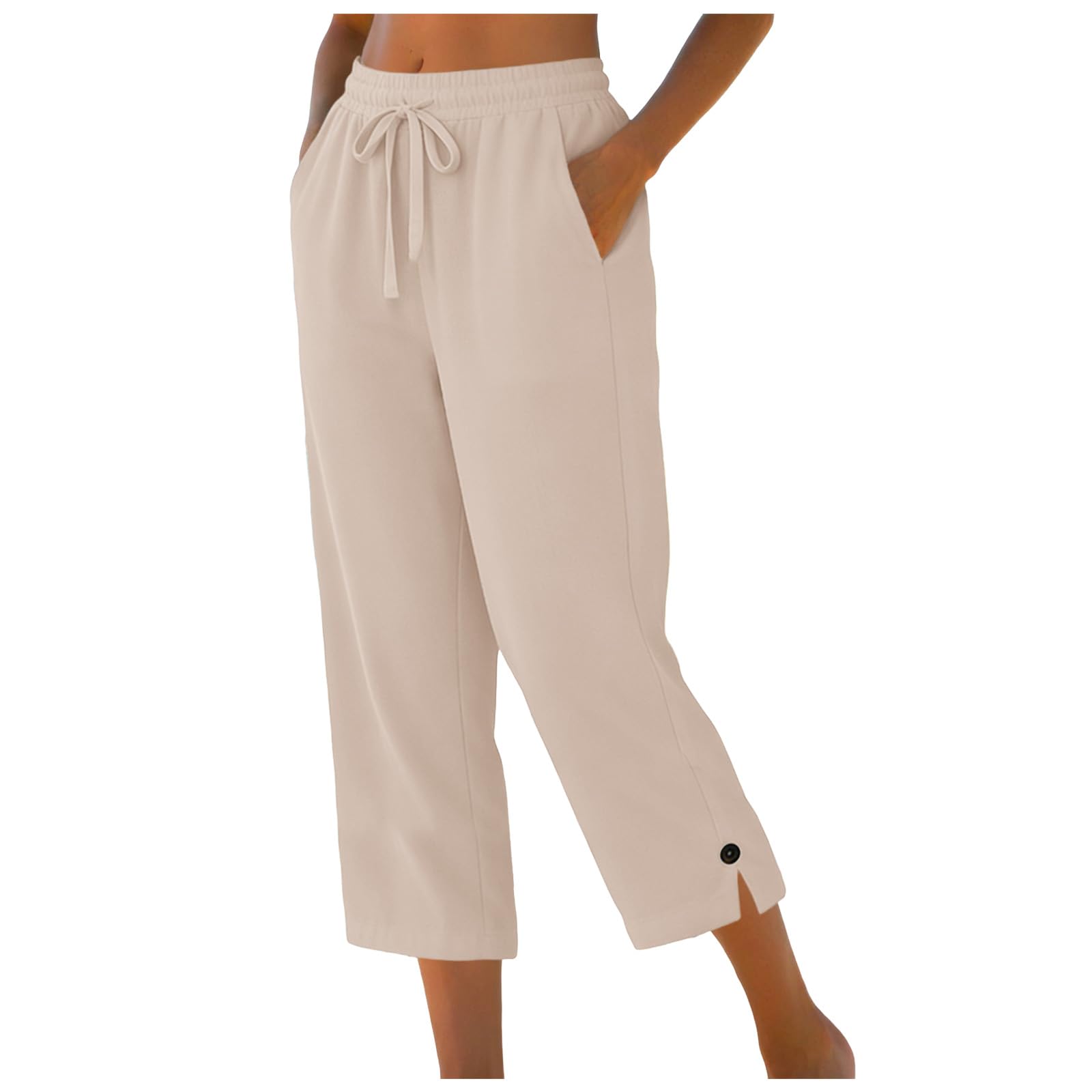 Pantacourt Femme Été Pantalon 3/4 en Coton et Lin Pantalon de Jogging Léger avec Poches Taille Élastique avec Cordon Bouton à la Cheville Pantalon de Sport Décontracté pour Yoga Randonnée