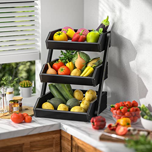 Image of G.a HOMEFAVOR Large Bamboo 3 Tier Fruit Basket Bowl for Kitchen Counter, Vegetable and Snack Storage Holder Stand (BLACK)