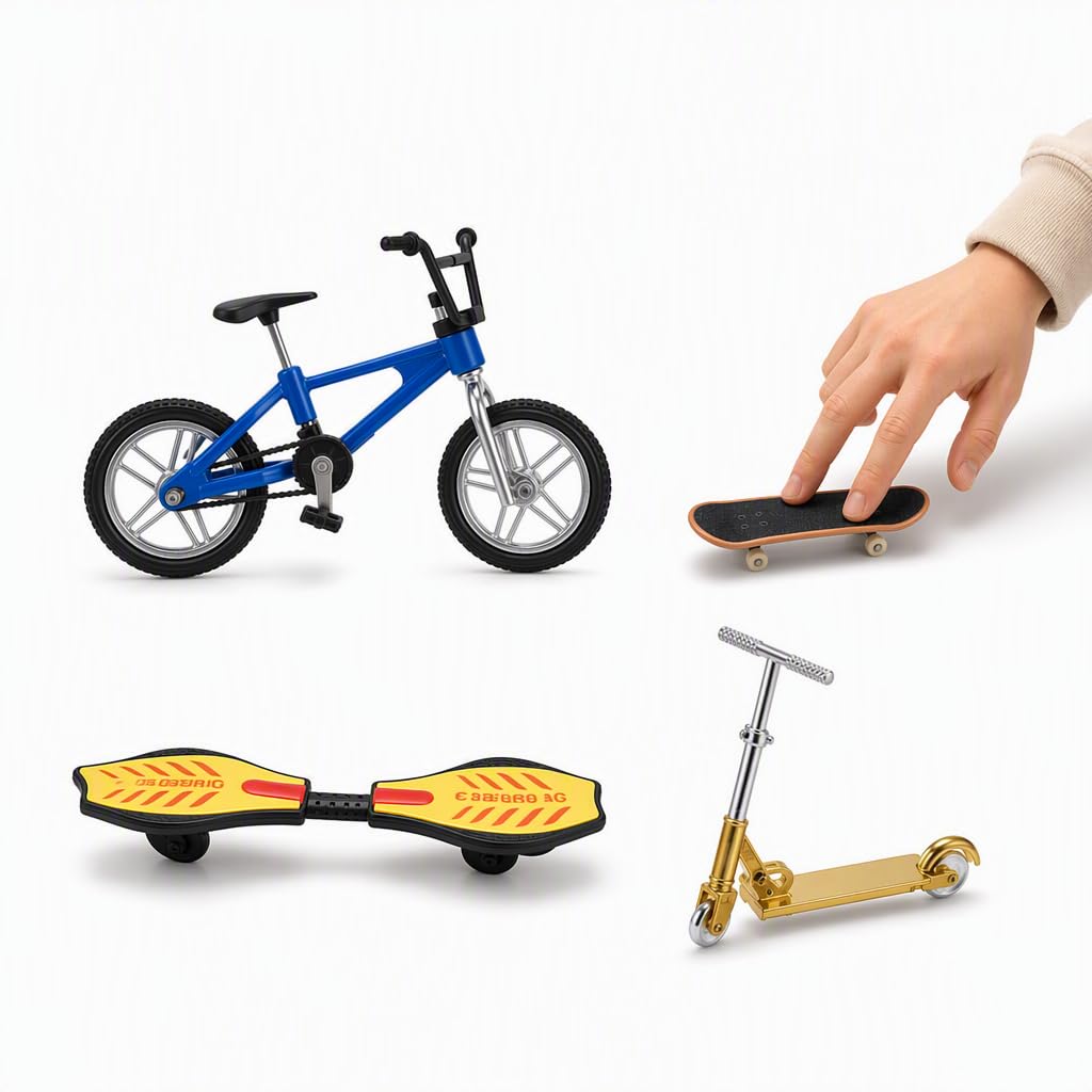 ZeBQrphio Mini Skateboard Set,4 pcs Finger Skateboards and Scooter Board Collection,Style Finger Bike Models, Compact Finger Boards for Trick Practice and Display, Finger Sports Equipment