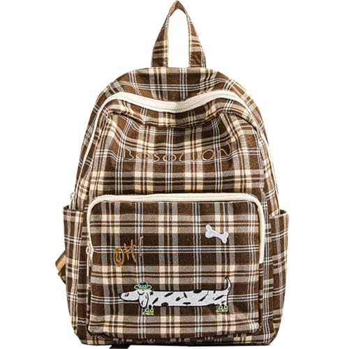 Teclado Kawaii Backpack Brown Plaid Cute Casual Bookbags Travel Daypacks (White)