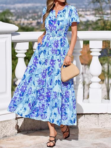 Image of BTFBM Womens Summer Floral Maxi Dresses V Neck Short Sleeve Boho Casual Flowy Long Wedding Guest Dress Beach Vacation