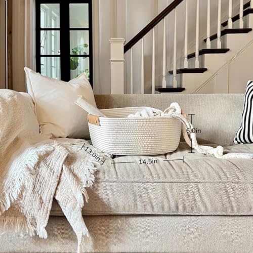 Image of ☆LBY Rectangle Cotton Rope Woven Basket with Handles for Books, Magazines, Toys - Ideal Gift Decorative Basket for Baby Nursery, Living Room (white, large 14.5 x 13 x 6 inch)