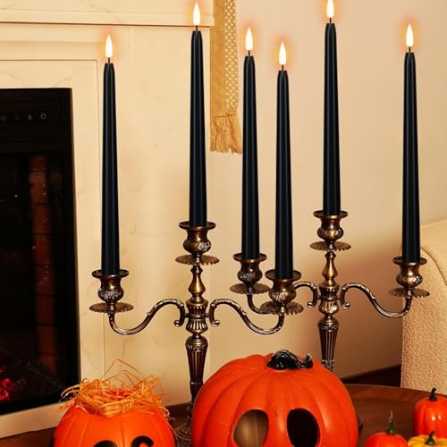 Image of Wondise Halloween Flameless Taper Candles with Remote & Timer, 4 Pack Black Candles Battery Operated LED 3D Wick Flickering for Halloween Table Decorations