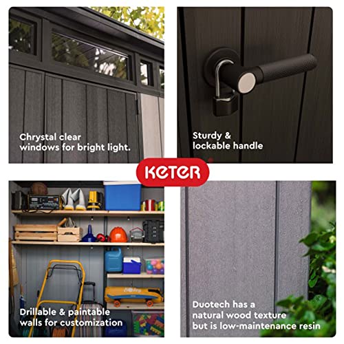 Image of Keter Artisan 9x7 Foot Large Outdoor Shed with Floor with Modern Design for Patio Furniture, Lawn Mower, Tools, and Bike Storage, feet, Grey /Black