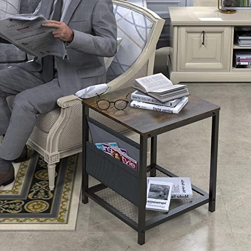 ANYHI Side Table, 2-Tier End Table With Storage Shelf and Cloth Side Pocket, Industrial Nightstand Beside Sofa Table for Living Room/Bedroom Easy Assembly Rustic Brown
