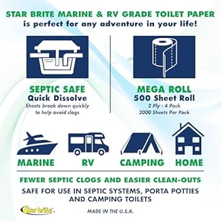 STAR BRITE Marine & RV Grade Toilet Paper – Fast Dissolving, 2-Ply, 4 Mega Rolls (2000 Sheets Total) in Resealable Watertight Pack (071850)