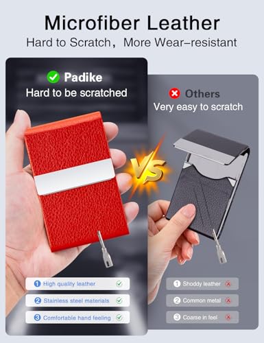 Image of Padike Leather Business Card Holder for Women Leather Stainless Steel Business Card Case with Magnetic Shut (Red)