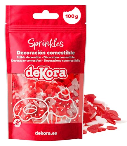 dekora – Sprinkles de Azúcar en Forma de Corazón Rojo y Blanco, Decoración Comestible para Tartas, Cupcakes y Galletas – Ideal San Valentín y Día de los Enamorados – 100 g