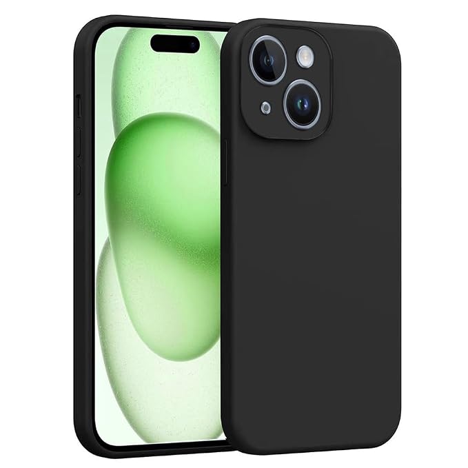 amazon basics Mobile Cover for Apple iPhone 15 Plus Full Camera Protection Premium Liquid Silicon Case Flexible Bumper Case for Apple iPhone 15 Plus (Black)