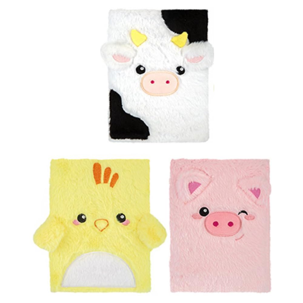 M1SS Farm Plush A5 Notebook โ 3 Assorted Animal Designs (Chick, Cow, Pig) โ Soft Embroidered Plush Cover โ Cute Notepad for Journal, School, Gifting and Everyday Notes (Random Design)