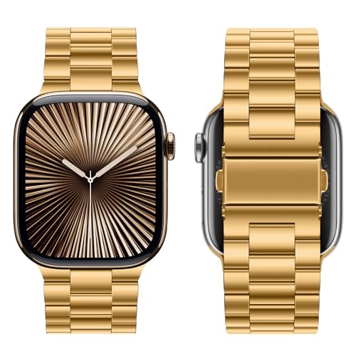 Image of HITZEE Compatible with Apple Watch Band 42 /41 /40 /38mm Business Stainless Steel Metal Strap Men Women Link Bands Compatible for iWatch SE3-1 Series 11 10 9 8 7 6 5-1, 38 /40 /41 /42mm Gold