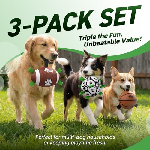 Image of QDAN Dog Soccer Ball Football Basketball Set - 3 PCS Dog Balls with Strap for Tug of War, Soccer Ball Football Toys for Small Medium Large Dogs, Herding Ball for Dogs, Dog Birthday Toy