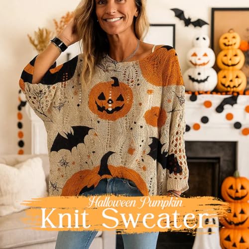 Women's Halloween Pumpkin Print Knit Top Casual Loose Fit Sweater Spooky Season Sweatshirt Long Sleeve Knit Pullover Tops2
