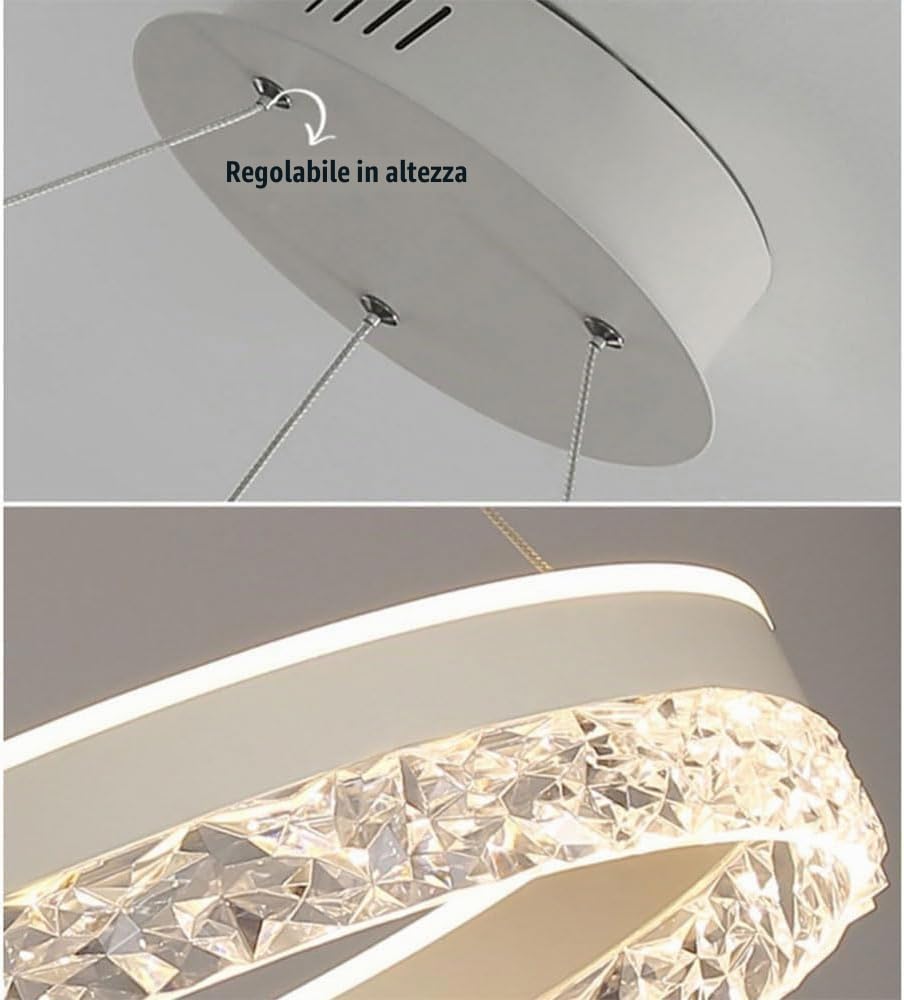 Lampadario LED Sospeso Ø50cm con Cristalli – Dimmerabile, Luce Regolabile 3000K-6400K, Telecomando Incluso, Altezza Regolabile, Design Moderno per Soggiorno, Sala da Pranzo, Camera da Letto (Bianco)