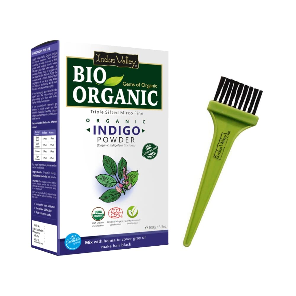 INDUS VALLEY BIO  Indigo Powder (Indigofera Tinctoria) with Color Recipe Book and an Applicator Brush Kit (100g) - Black