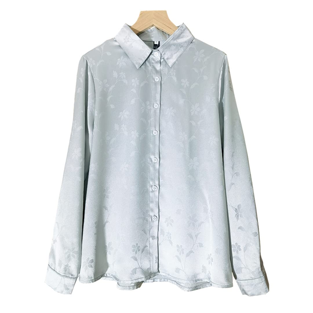 Blusa de satén de Manga Larga con Estampado Floral para Mujer Camisa de Vestir de Trabajo con Botones y Cuello en V para Mujer Gray M