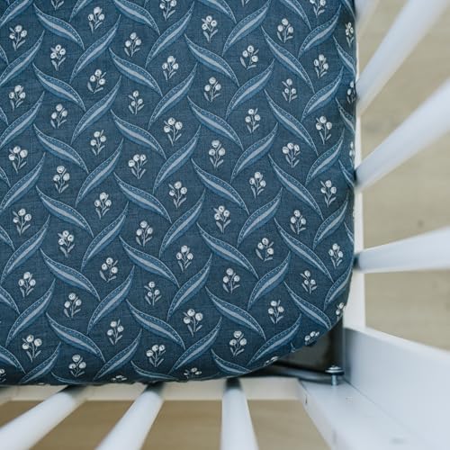 Image of Navy Berry Muslin Crib Sheet by Mebie Baby, Soft and Breathable Bed Sheets for Babies, Modern Neutral Bedding for Cribs, Standard Crib Mattress Fitted Sheet, Great for Boy or Girl Room or Nursery