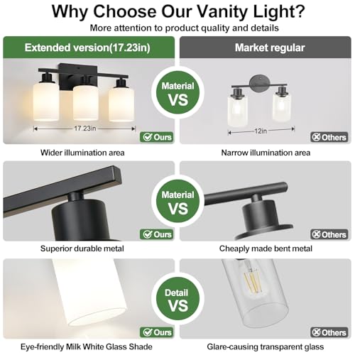 Image of MOKATNG 3-Light Bathroom Light Fixtures, Vanity Light with Milky White Shades, Matte Black Bathroom Light Fixtures Over Mirror, Modern Bathroom Wall Lamp for Mirror Living Room Cabinet Bedroom