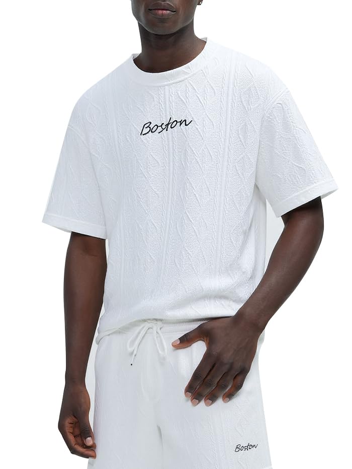 Image of Geometric Jacquard Textured Letter Embroidered Short Sleeves T-shirt Or Drawstring Shorts -Co-ord Available(T-Shirt White /L)