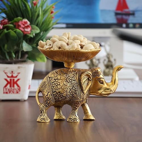 Image of KridayKraft Metal Elephant Dry Fruit Bowl Showpiece Gold Polish for Your Home,Office Table Decorative,Elephant Showpiece Bowl for Gift,Animal Figurines