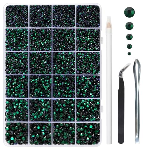 Image of Hotfix Rhinestones Kit,Emerald,Mixed 5 Sizes 14400pcs | Dark Green Hot Fix Crystals, for Bedazzling Clothes Crafts, with Wax Pencil,Tweezers and Spoon,SS6-SS30