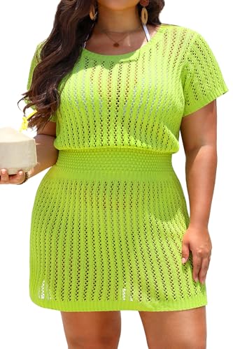Aqua Eve Women's Plus Size Swimsuit Cover Up - Crochet Bathing Suit Coverup 2025 Short Sleeve Beach Dress Swimwear Neon Green 22 Plus